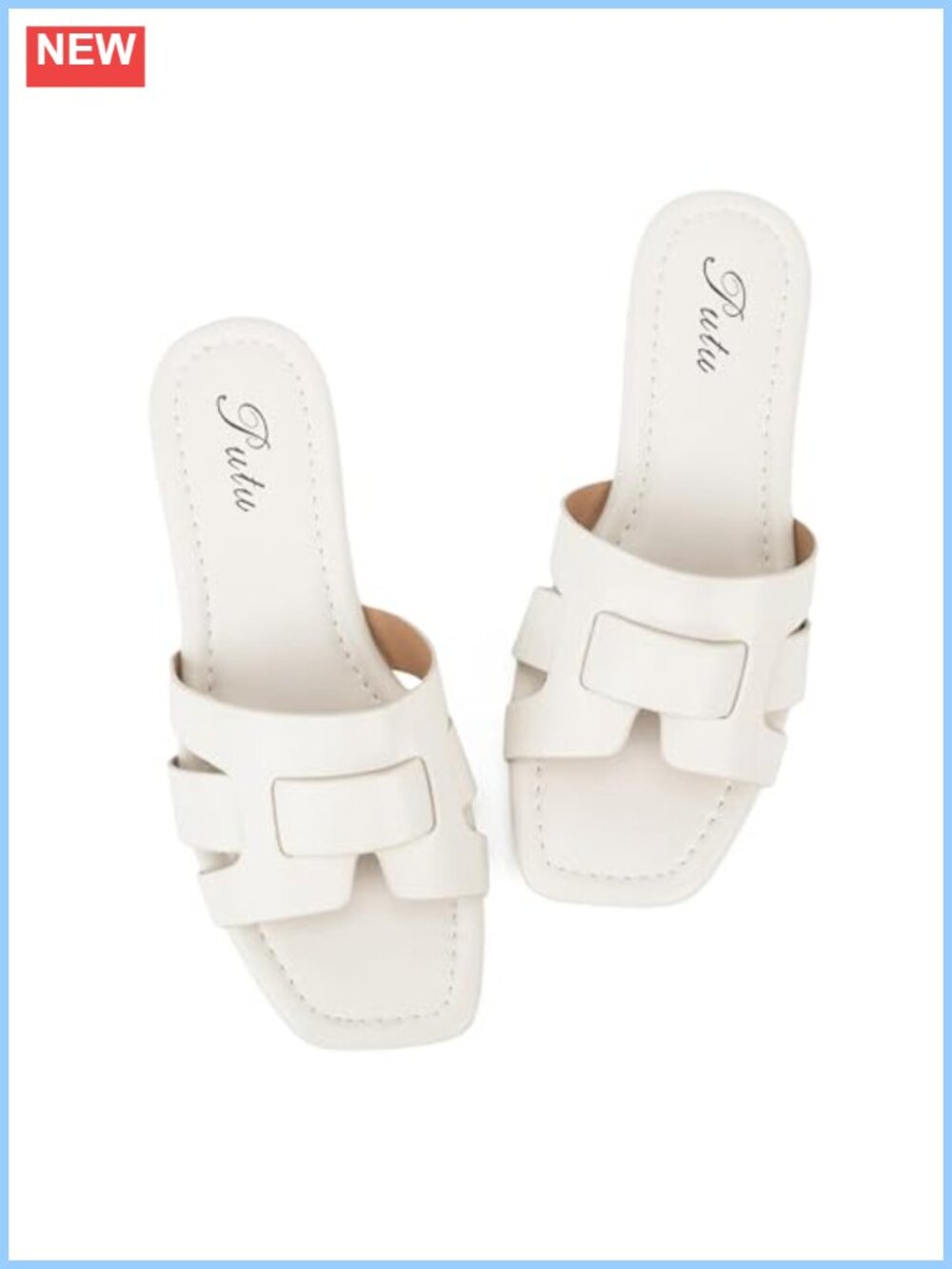 Faux Leather Flat Sandals Square Toe Strappy Slide Summer Shoes
